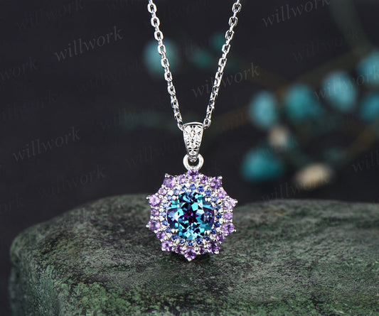 1ct Round Cut Alexandrite Necklace White Gold Snowdrift Double Halo Sapphire Amethyst Pendant Women Color Change Gemstone Anniversary Gift