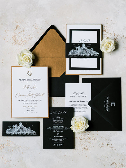 Modern Metallic Gold Foil & Black Wedding Invitation with Monogram, Dallas Skyline Bellyband, Envelope Liner — Different Color Options