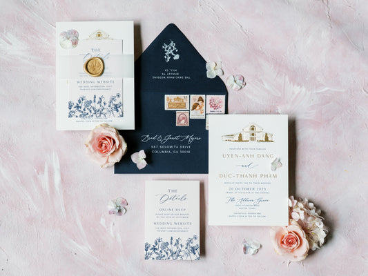 Navy and Blush Wedding Invitation with Gold Foil Stamp Featuring Custom Venue Illustration, Floral, Vellum Belly Band - Other Colors!