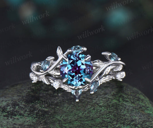 1ct Round Cut Alexandrite Ring Vintage Leaf Unique Nature Inspired Engagement Ring Set Women White Gold June Birthstone Ring Gift