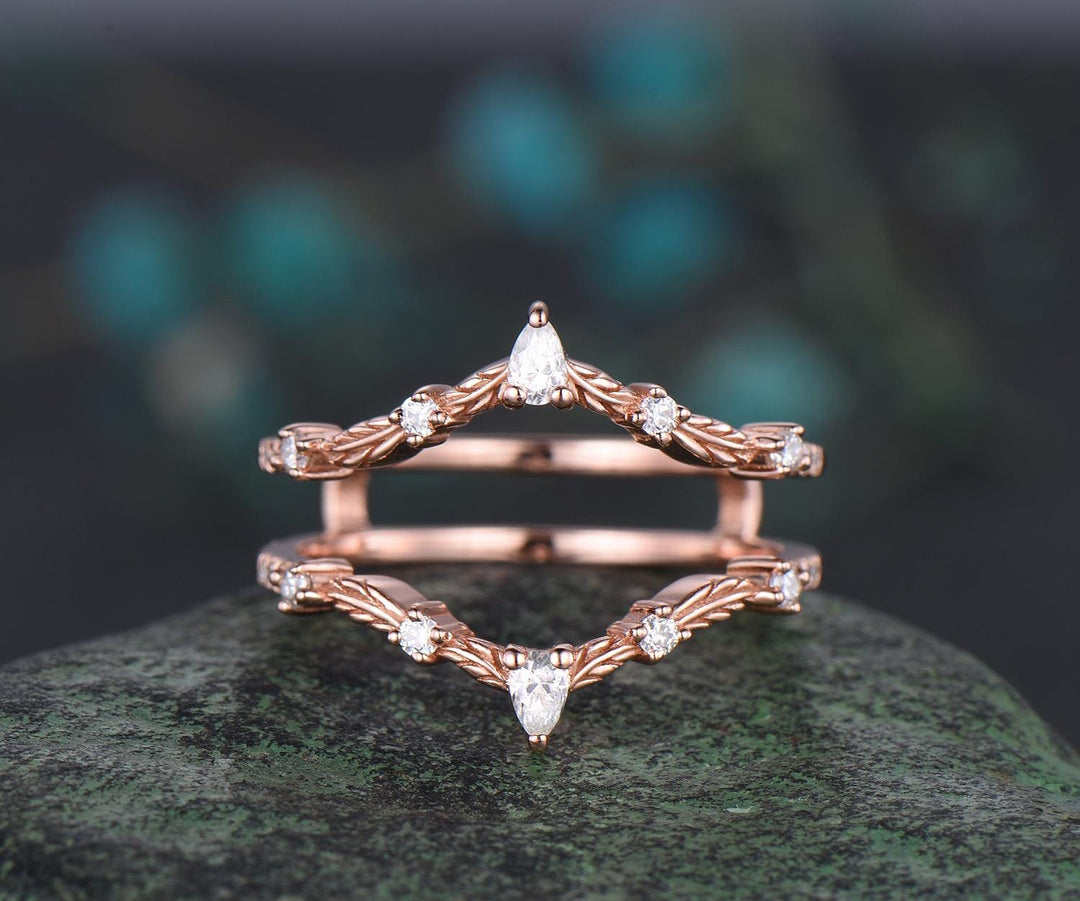 Double V Curved Diamond Wedding Band Enhancer Wraps Solid 14k Rose Gold Leaf Unique Moissanite Wedding Ring Band Women Anniversary Gift