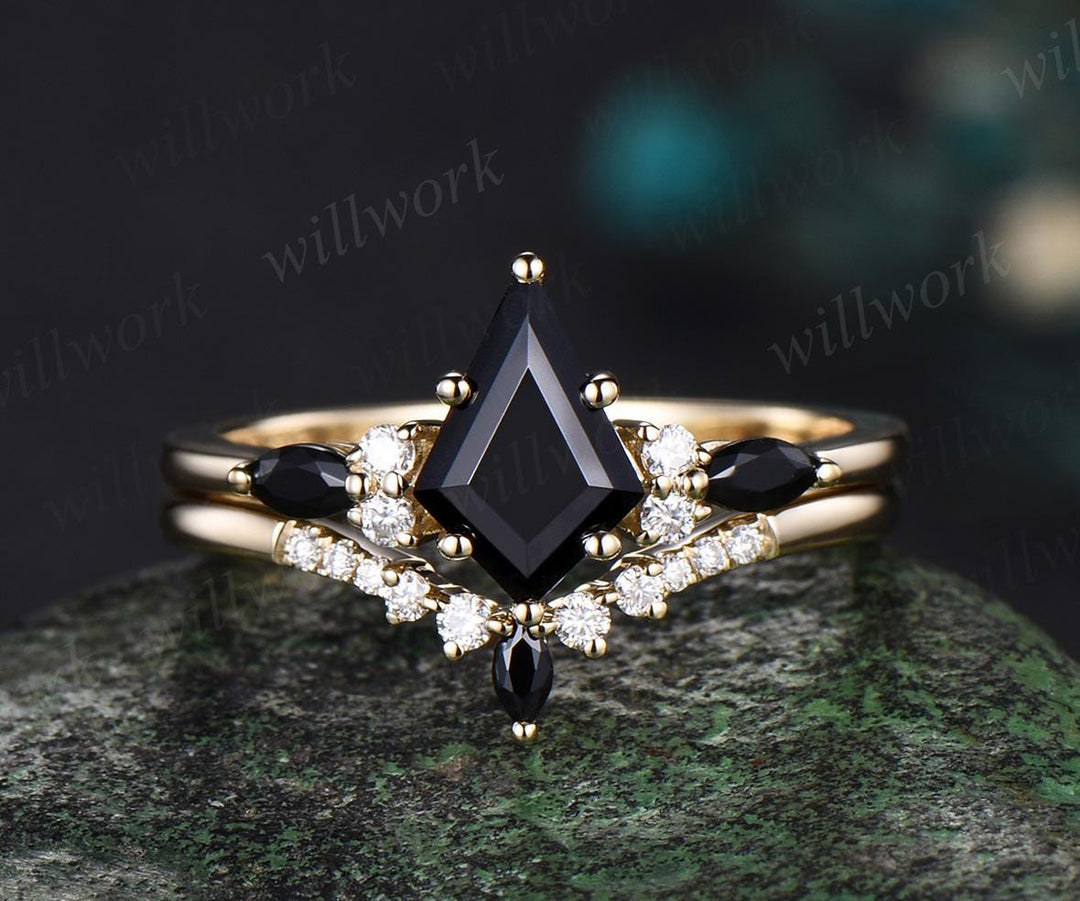 Kite Cut Black Onyx Ring Yellow Gold Dainty Moissanite Stacking Unique Engagement Ring Set Women Black Stone Ring
