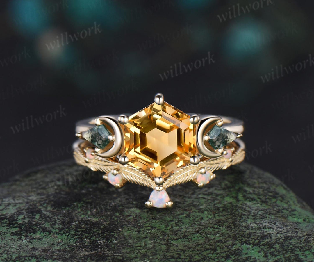 Hexagon Cut Citrine Engagement Ring Yellow Gold Three Stone Moon Kite Moss Agate Ring Women Leaf Opal Wedding Ring Band Crystal Ring