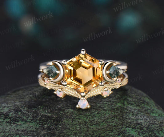 Hexagon Cut Citrine Engagement Ring Yellow Gold Three Stone Moon Kite Moss Agate Ring Women Leaf Opal Wedding Ring Band Crystal Ring