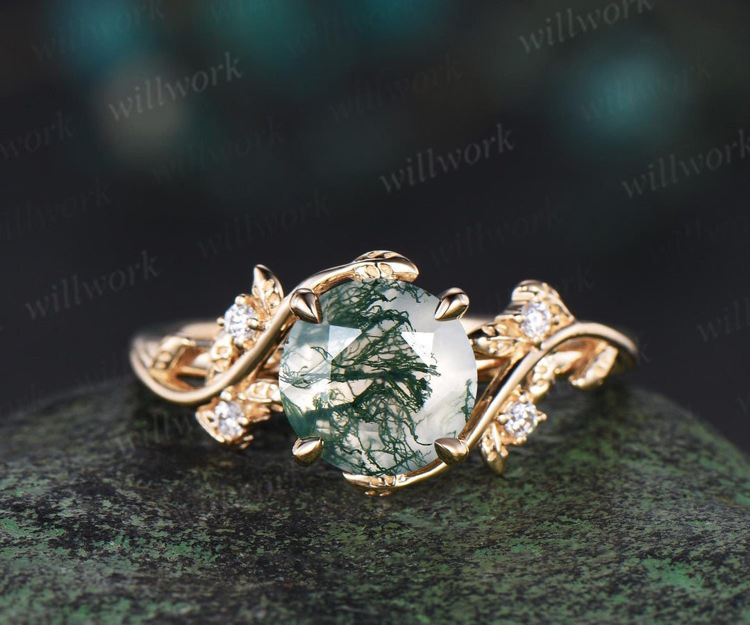 2ct Round Cut Moss Agate Ring 14k Yellow Gold Branch Leaf Diamond Ring Vintage Engagement Ring Women