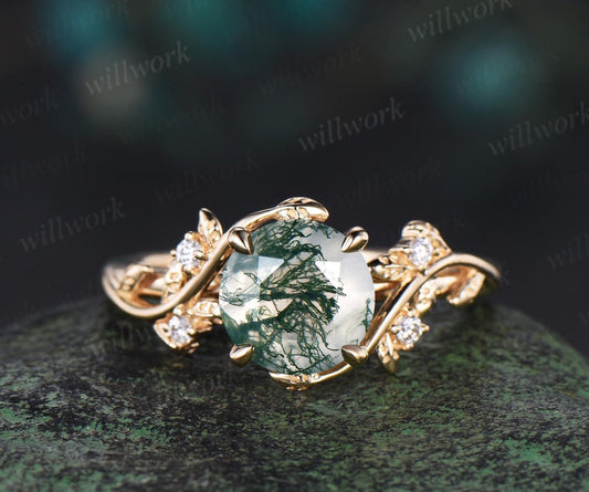2ct Round Cut Moss Agate Ring 14k Yellow Gold Branch Leaf Diamond Ring Vintage Engagement Ring Women
