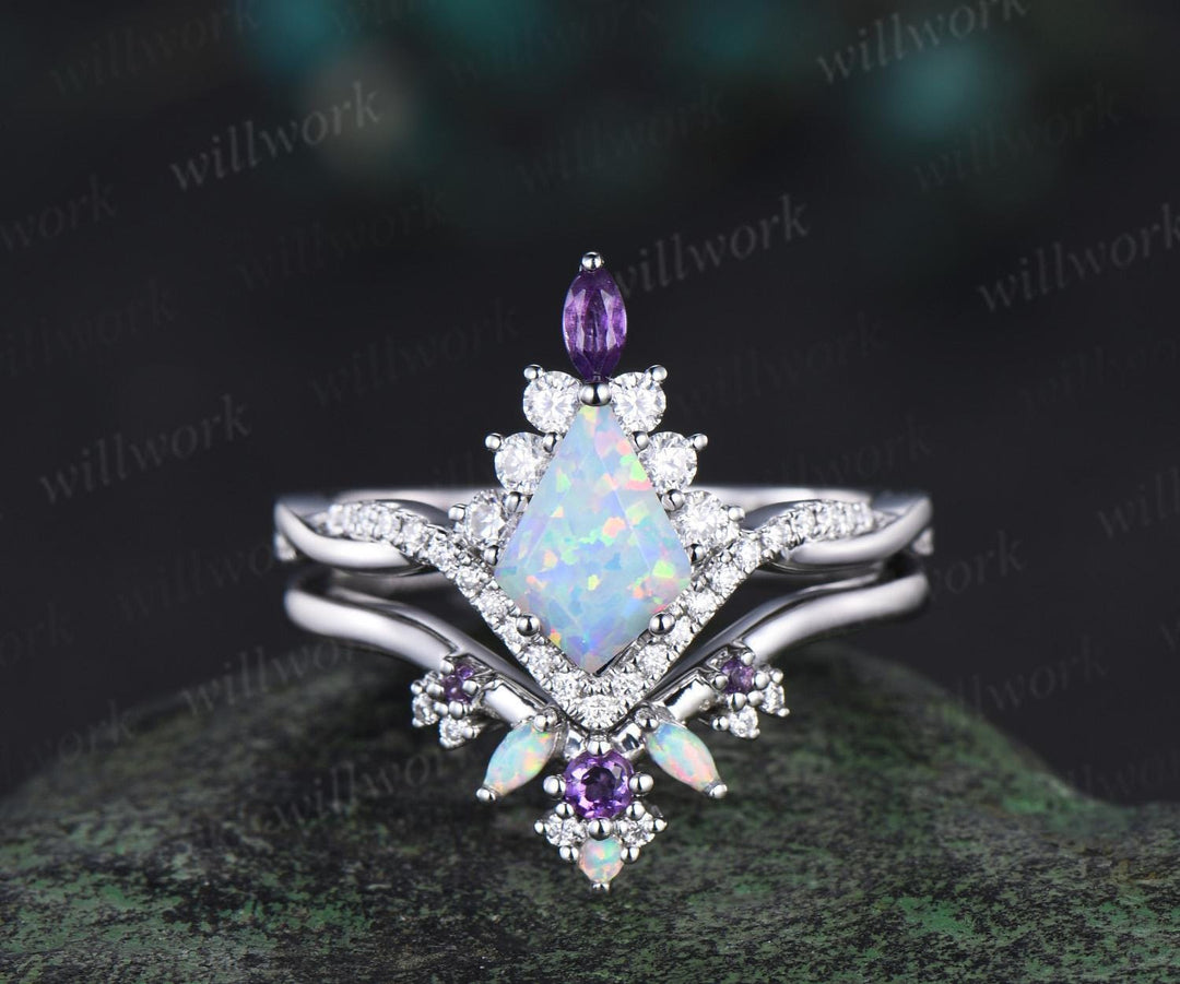 Kite Cut Opal Engagement Ring Set Twisted Halo Diamond Ring Vintage 14k White Gold Amethyst Stacking Wedding Ring Set Women Anniversary Gift