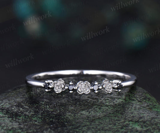 Dainty Natural Black Diamond Wedding Band Solid 14k White Gold Flower Floral Unique Wedding Ring Band Women Anniversary Gift