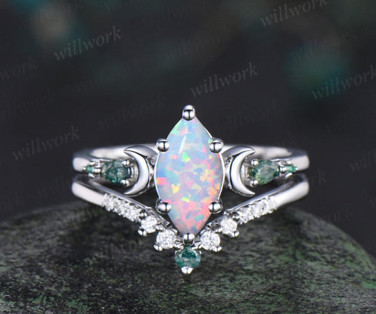 Marquise White Opal Engagement Ring Set Women 14k White Gold 6 Prong Five Stone Moon Stacking Anniversary Ring Set Gift