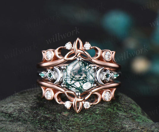 Hexagon Cut Moss Agate Engagement Ring Set White Gold Moon Star Emerald Wedding Ring Set Celtic Knot Enhancer Bridal Set Women Jewelry