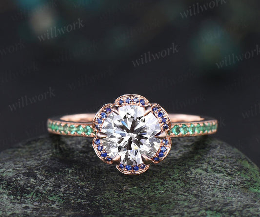 Floral Round Cut IGI Lab Grown Diamond Engagement Ring Rose Gold Hidden Halo Natural Sapphire Emerald Ring Half Eternity Promise Ring Women