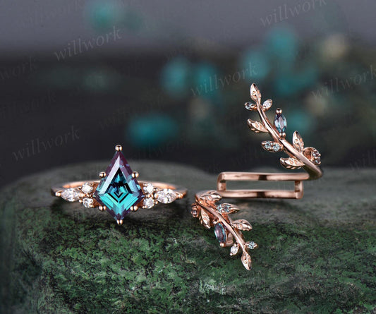 Kite Cut Alexandrite Engagement Ring 14k Rose Gold Leaf Nature Inspired Cluster Diamond Wedding Band Enhancer Unique Wedding Ring Set Women