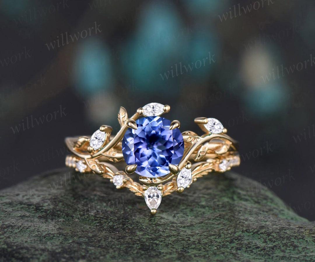 1ct Round Cut Tanzanite Ring Yellow Gold Twig Leaf Nature Inspired Engagement Ring Set Jewelry Marquise Diamond Promise Ring