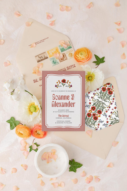 Funky, Whimsical Floral Wedding Invitation in Bright Red, Orange and Yellow— Other Colors Available!