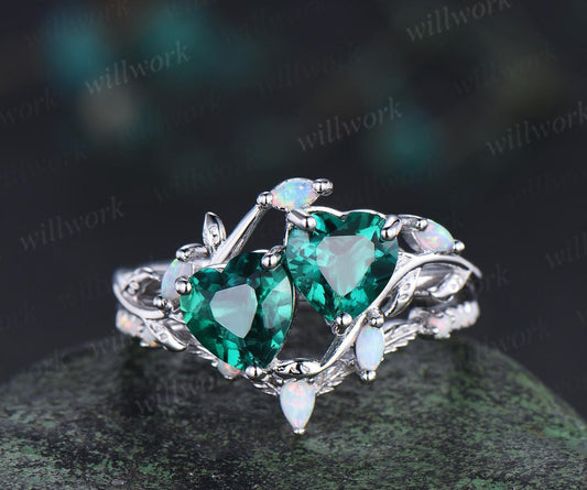 Double Heart Shaped Emerald Engagement Ring Set White Gold Toi Et Moi Ring Opal Leaf Branch Bridal Set Retro Nature Inspired Anniversary Gift