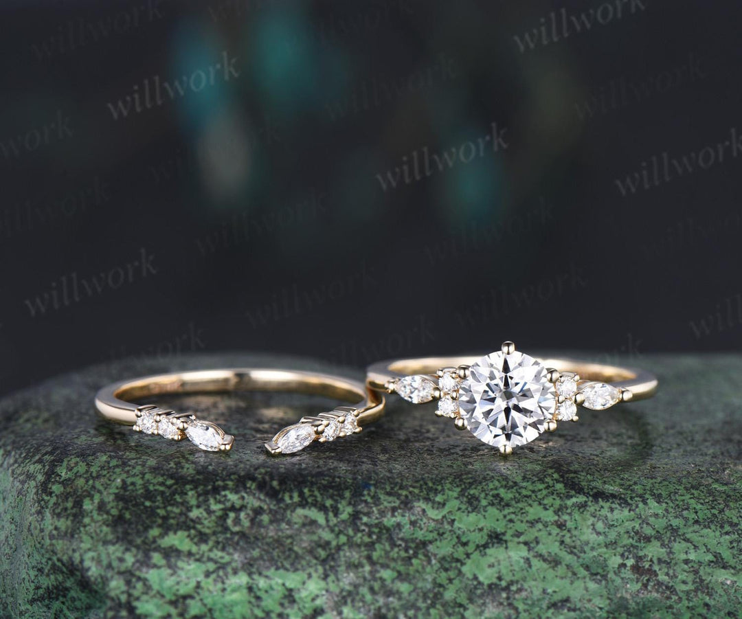 1ct Round Cut Moissanite IGI Lab Grown Diamond Engagement Ring Set Women Solid 14k Yellow Gold 6 Prong Promise Ring Open Gap Wedding Band