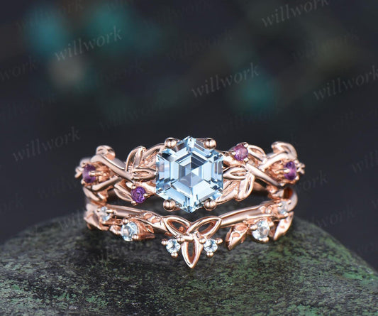 Hexagon Cut Natural Aquamarine Engagement Ring Set Amethyst Nature Inspired Celtic Knot Wedding Ring Band Women Bridal Set Women Jewelry