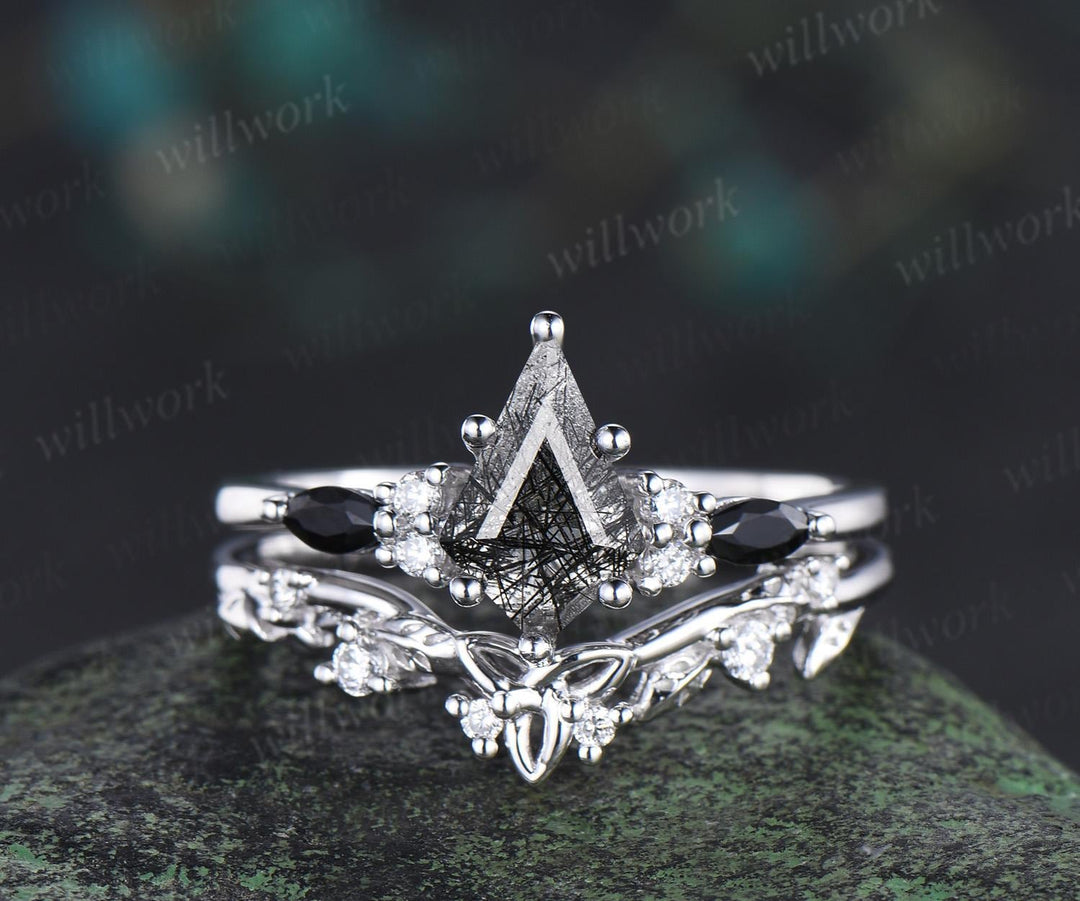 Kite Cut Black Rutilated Quartz Engagement Ring Set 14k White Gold Moissanite Leaf Celtic Knot Wedding Ring Band Women Jewelry