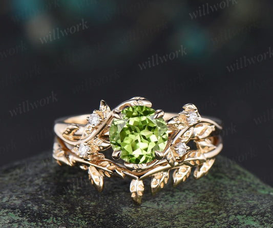 1ct Round Cut Peridot Engagement Ring Set Leaf Five Stone 14k Yellow Gold Ring Nature Inspired Art Deco Wedding Bridal Ring Set Women
