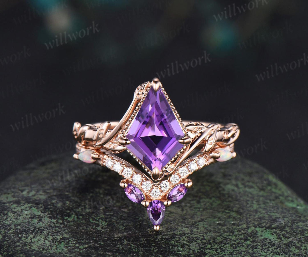Kite Cut Purple Amethyst Engagement Ring Set 14k Rose Gold February Birthstone Ring Nature Inspired Leaf Opal Bridal Ring Set Women Jewely
