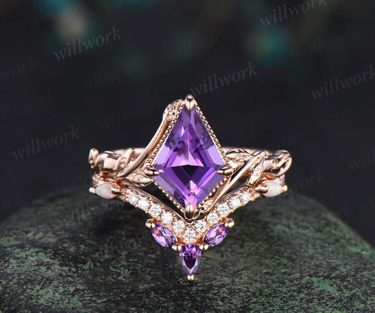 Kite Cut Purple Amethyst Engagement Ring Set 14k Rose Gold February Birthstone Ring Nature Inspired Leaf Opal Bridal Ring Set Women Jewely