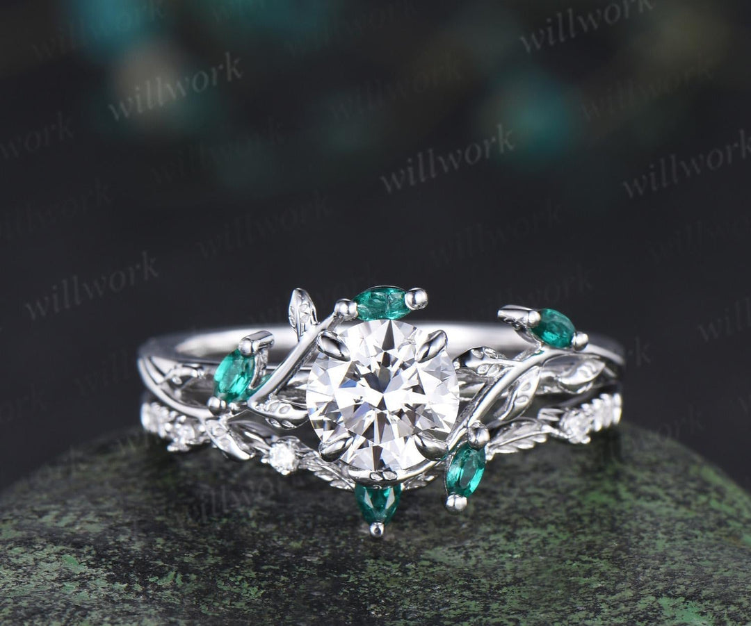 1ct Round Cut IGI Lab Grown Diamond Ring 14k White Gold Branch Leaf Nature Inspired Engagement Ring Emerald Bridal Set Women Jewelry