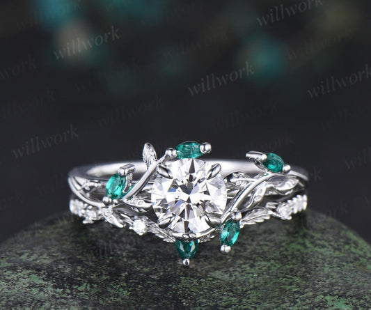 1ct Round Cut IGI Lab Grown Diamond Ring 14k White Gold Branch Leaf Nature Inspired Engagement Ring Emerald Bridal Set Women Jewelry