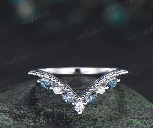 Marquise Cut London Blue Topaz Curved Wedding Band White Gold Art Deco Handmade Stacking Bridal Ring Women