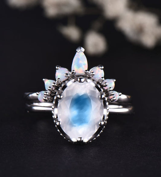14K/18K Gold Faceted Moonstone Engagement Ring Set