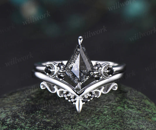 Kite Cut Salt And Pepper Diamond Engagement Ring Moon Black Diamond Ring Women Unique Anniversary Gift