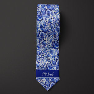 Indigo Floral Monogram Neck Tie