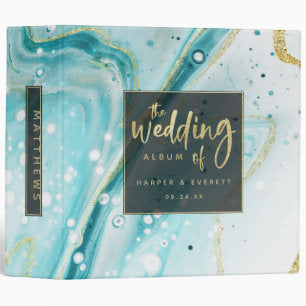 Inky Splash Teal Marble Gold Wedding Photo Album 3 Ring Binder
