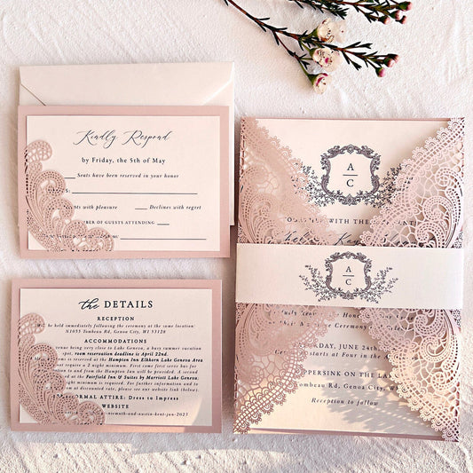 Ivory and Blush Pink Wedding Invitations Suite, Elegant Pale Pink Wedding Cards and RSVP Card, Laser Cut Details Cards