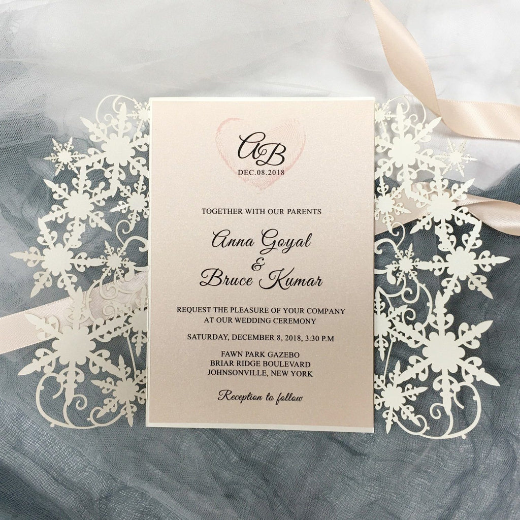 Ivory Lace Laser Cut Wedding Invitations with Blush Pink Shimmer Insert