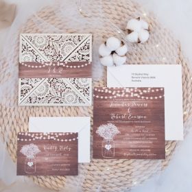 Ivory Laser Cut Fold Invitation With Realistic Wood Background And String Light Swws080