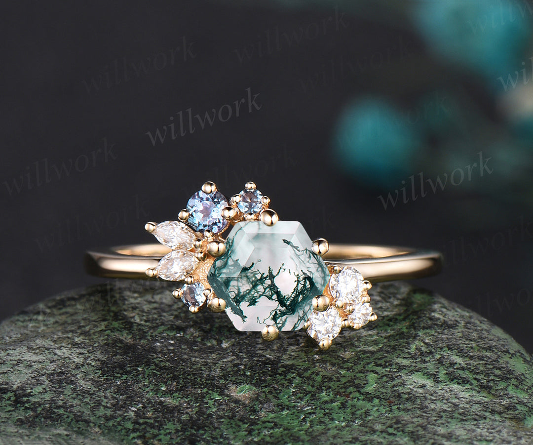 Hexagon Cut Moss Agate Ring Yellow Gold Vintage Unique Cluster Engagement Ring 6 Prong Alexandrite Diamond Wedding Bridal Ring Jewelry