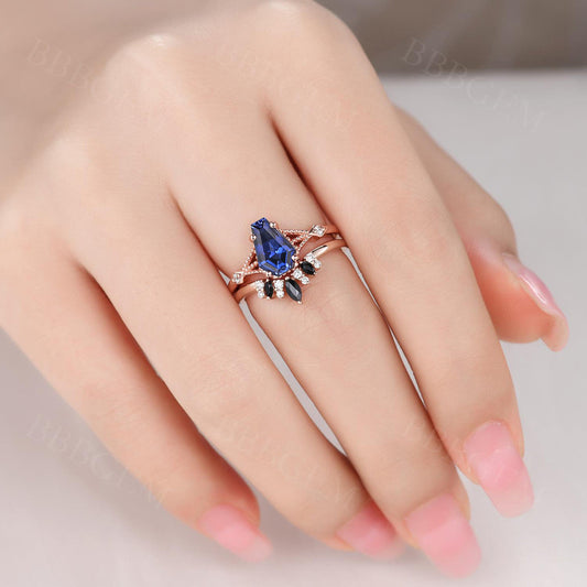 Gothic Blue Sapphire 9x6mm Coffin Shaped Statement Ring Set for Wedding in 18K Rose Gold Art Deco Coffin Bridal Set