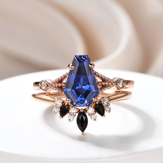 Gothic Blue Sapphire 9x6mm Coffin Shaped Statement Ring Set for Wedding in 18K Rose Gold Art Deco Coffin Bridal Set
