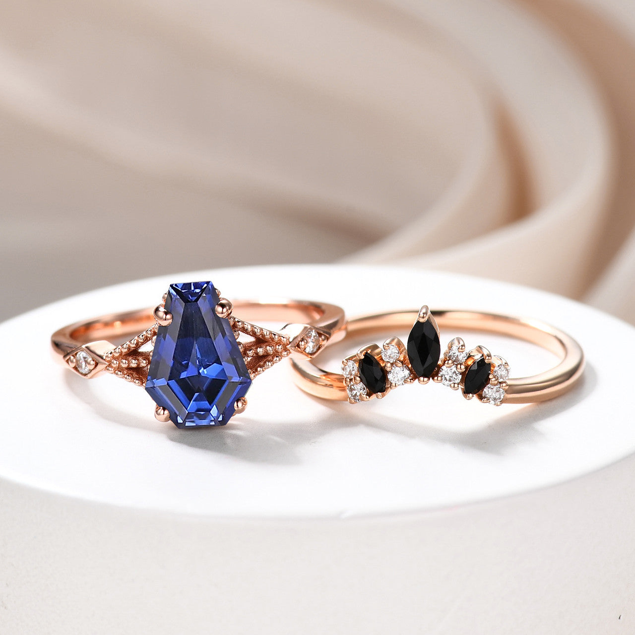 Gothic Blue Sapphire 9x6mm Coffin Shaped Statement Ring Set for Wedding in 18K Rose Gold Art Deco Coffin Bridal Set