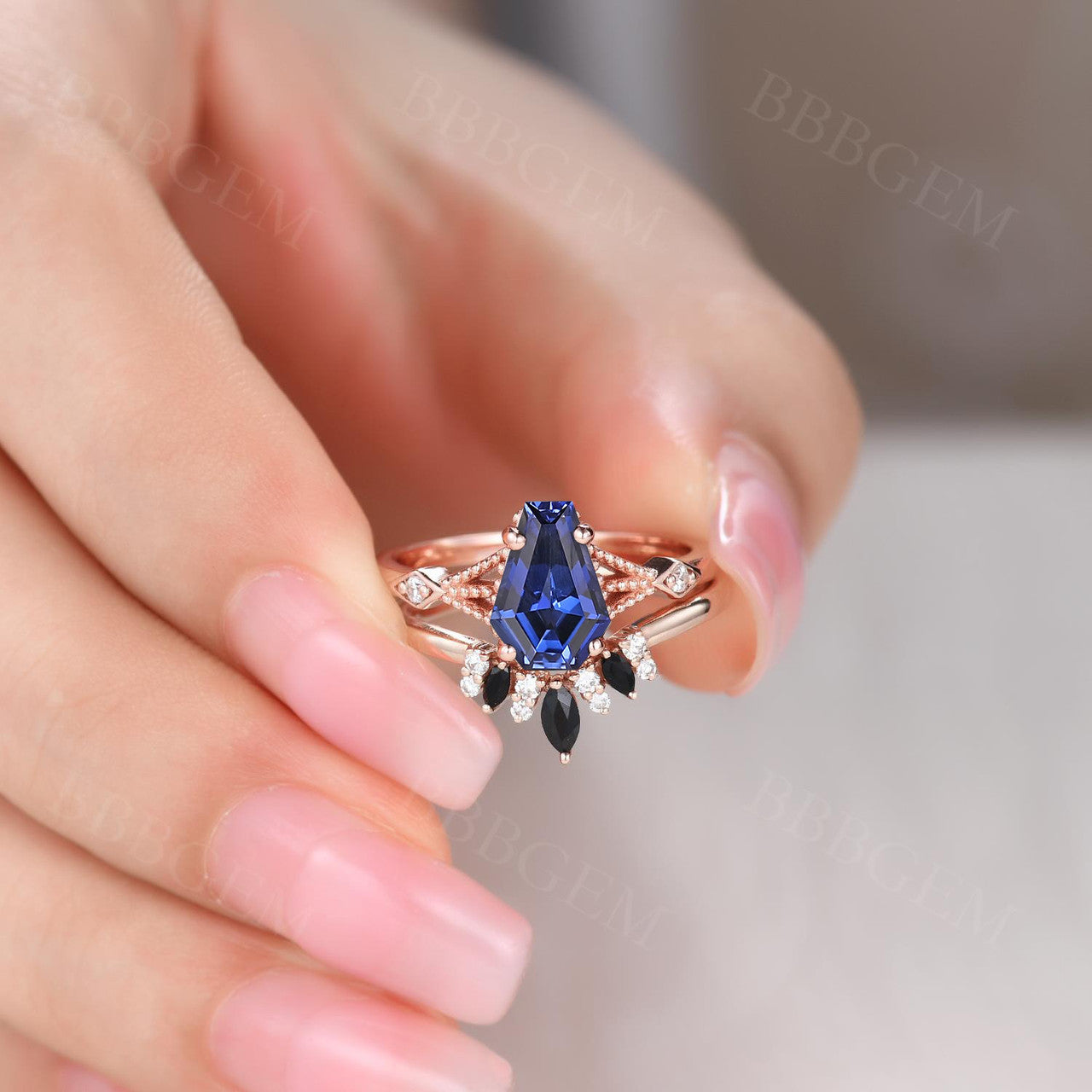 Gothic Blue Sapphire 9x6mm Coffin Shaped Statement Ring Set for Wedding in 18K Rose Gold Art Deco Coffin Bridal Set