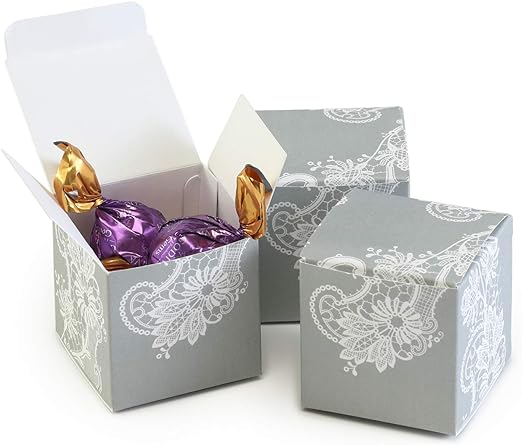 Pale Grey With White Lace Print Favor Box 2"