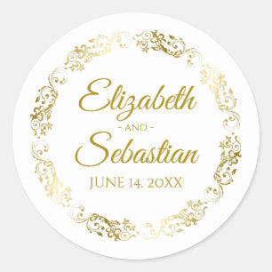 Lacy Gold Filigree Elegant Wedding Favor Classic Round Sticker