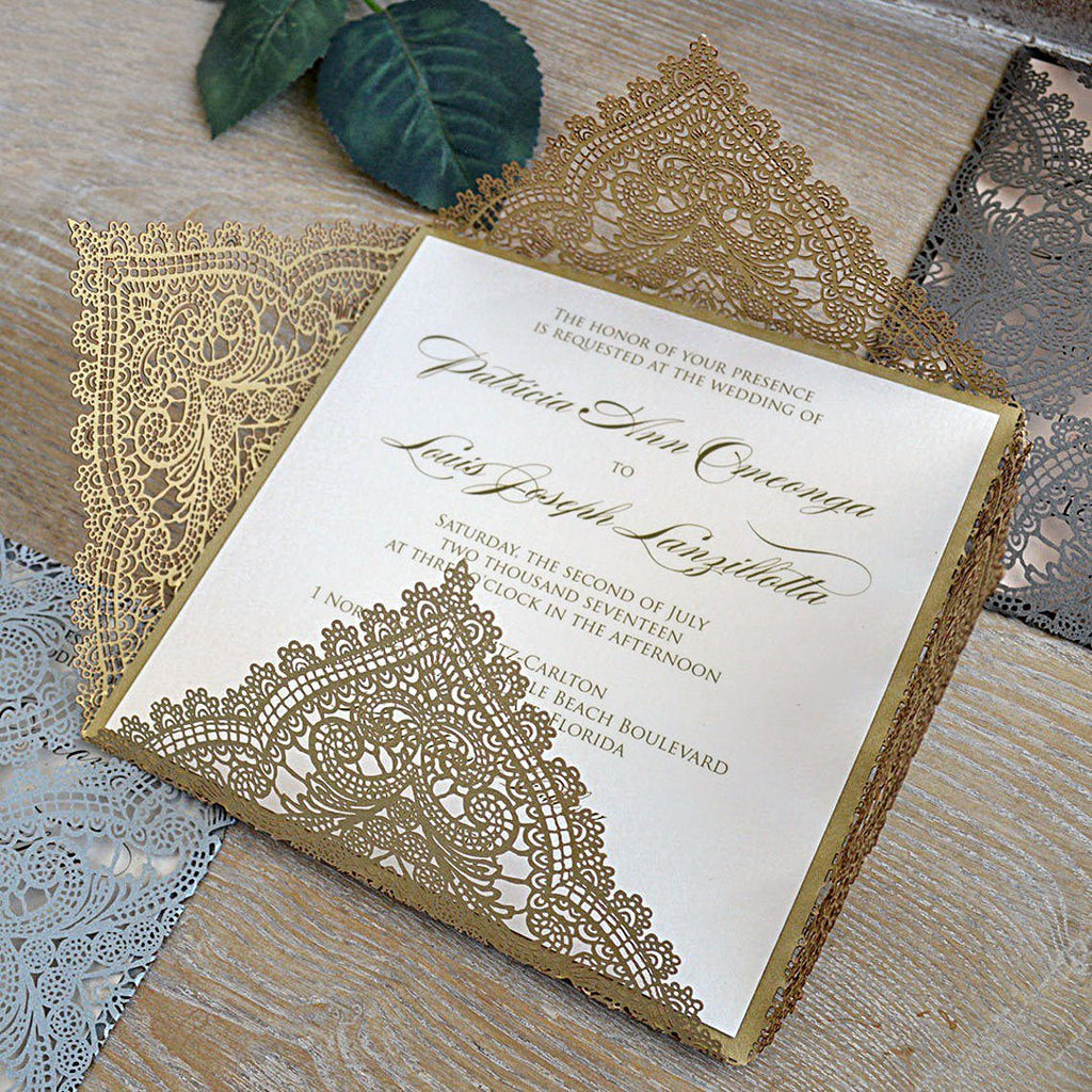 Laser Cut Gold Wedding Invitations Calligraphy Invitation Cards Personalized with your Invite Wording