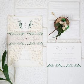 Laser Cut Wrap With Greenery Pattern Wedding Invitations Swws132