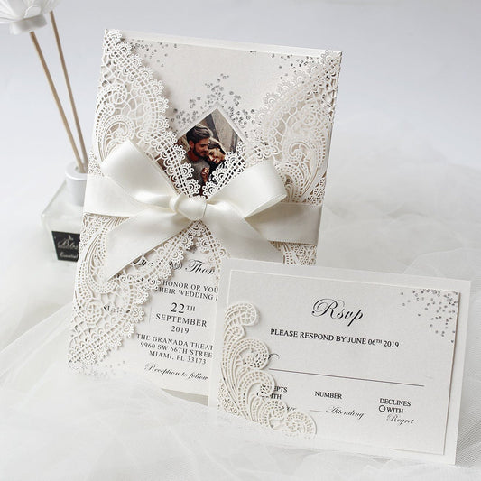 Laser Cut Ivory Wedding Invite Invitation Cards With Envelopes PB2001-IV