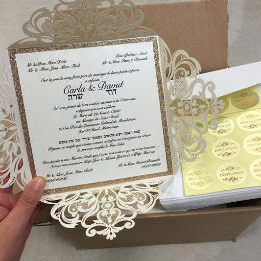 Laser Cut Wedding Invitations Gold Glitter Invitation with Belly Band 15 x 15 cm