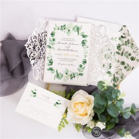 Laser Cut Wrap With Greenery Pattern Wedding Invitations Swws140