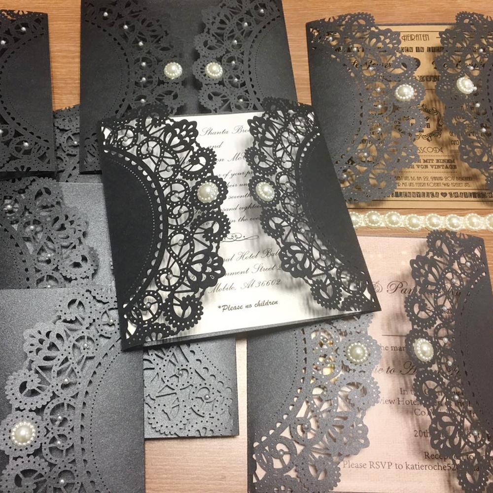 Laser Cutting Invitations Black Pearls Wedding Invitations With Customized Wording