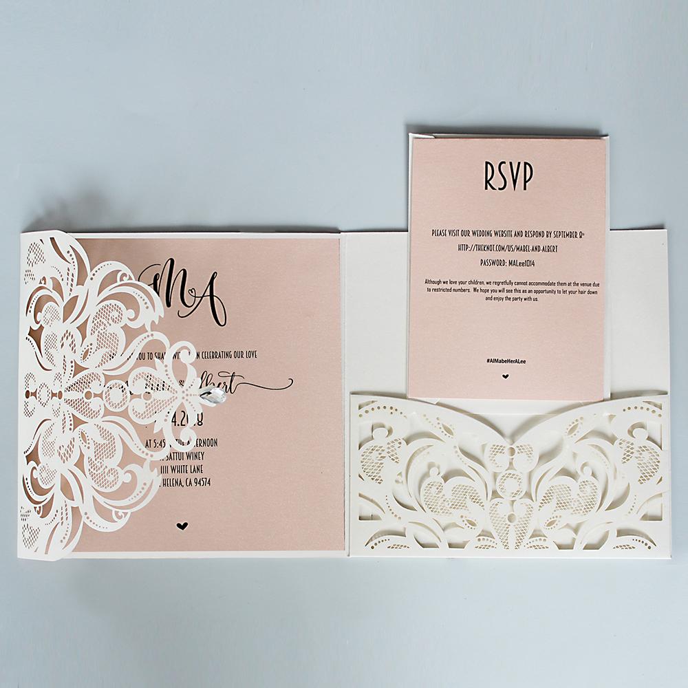 Laser Cutting Wedding Invitation with RSVP Ivory and Pale Pink Bridal Shower Invitation Cards