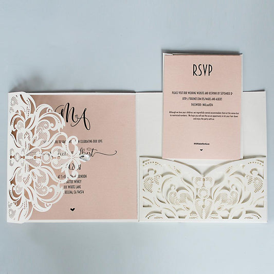 Laser Cutting Wedding Invitation with RSVP Ivory and Pale Pink Bridal Shower Invitation Cards